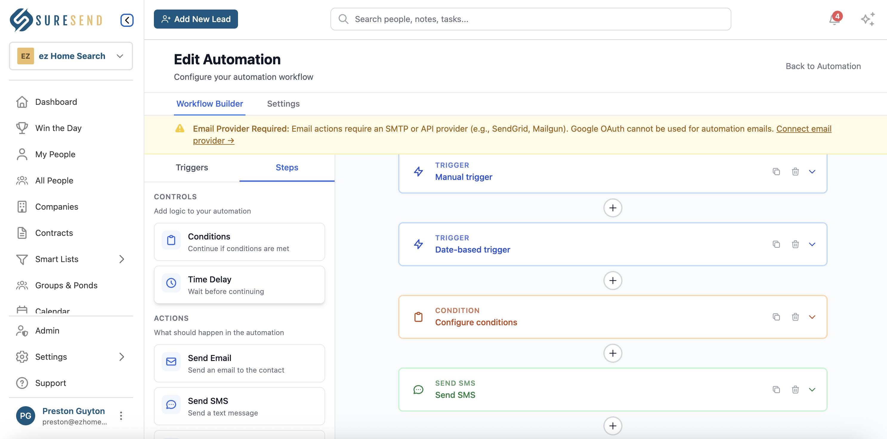 Sure Send CRM Automation Builder - Create workflows with triggers, conditions, and actions
